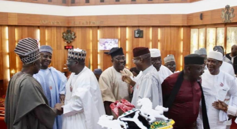 Nigerian senators exchanging pleasantries after passing 2020 budget (Twitter/@NGRSenate)