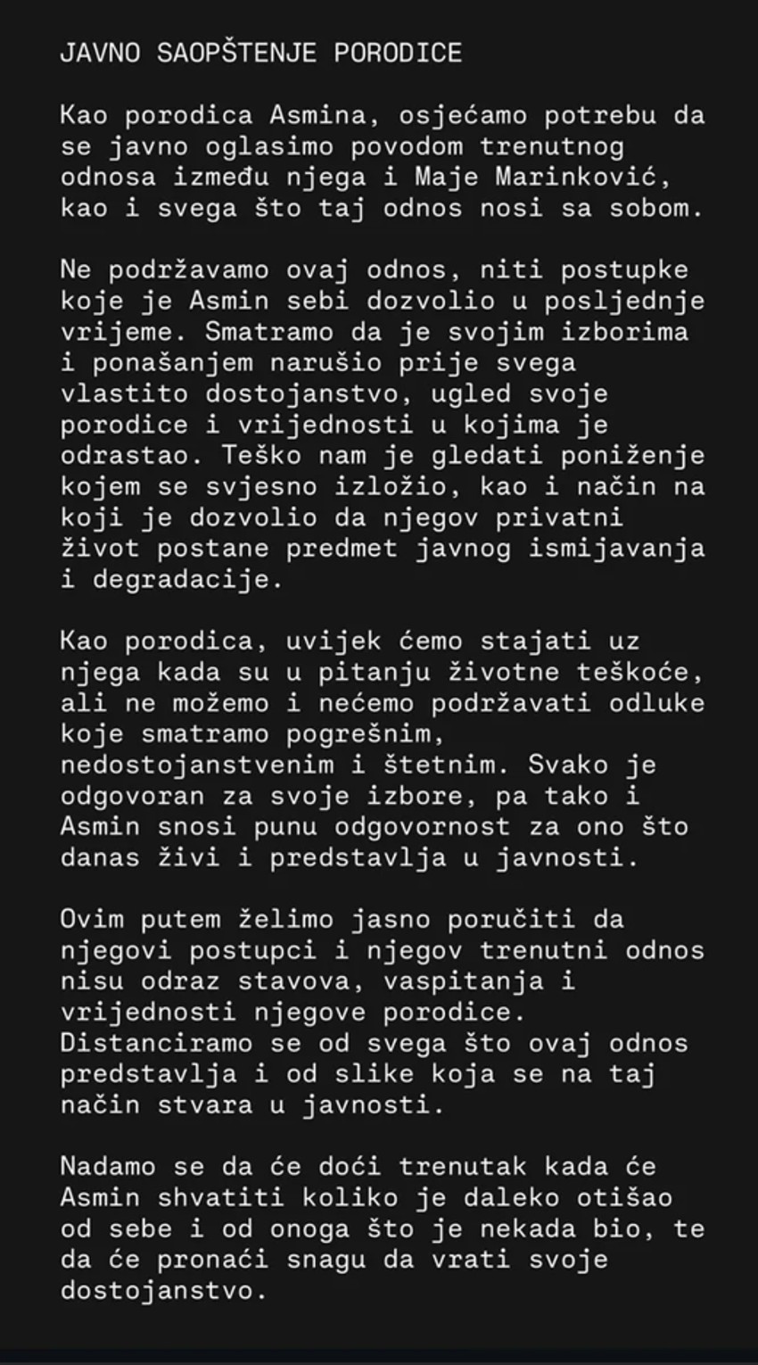 Porodica Asmina Durdžića se distancirala od njega zbog odnosa sa Majom Marinković