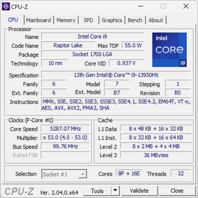 Razer Blade 16 (2023) – CPU-Z – specyfikacja procesora Intel Core i9-13950HX