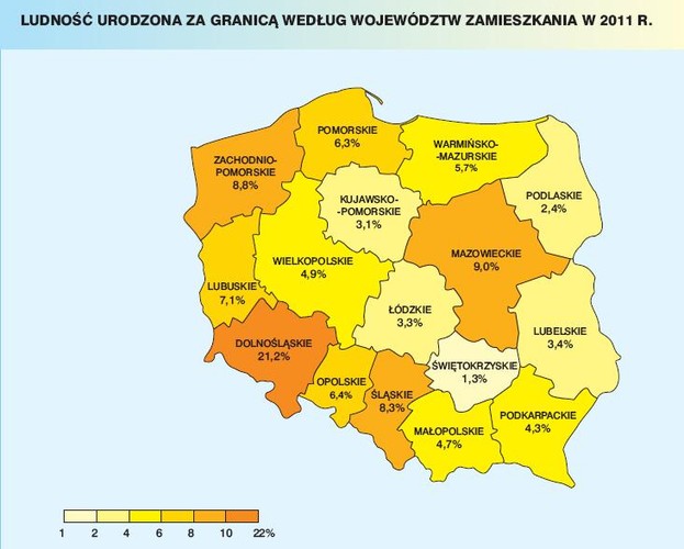 Ludność urodzona za granicą według województw zamieszkania w 2011 roku