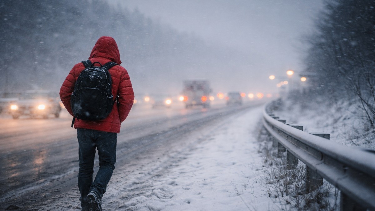 čovek u crvenoj jakni, ilustracija