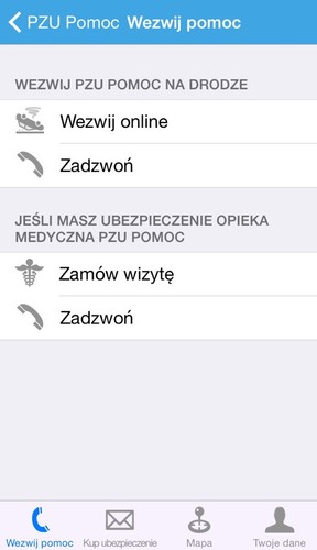 <strong>PZU Pomoc</strong><br /><br />

Największy ubezpieczyciel w kraju nie mógł obejść się bez własnej aplikacji mobilnej. Dzięki PZU Pomoc możemy skorzystać bezpośrednio z opcji Wezwij online (PZU namierza naszą lokalizację i oddzwania na numer podany w aplikacji) lub bezpośrednio zadzwonić z poziomu aplikacji. Dodatkowo możemy umieścić wszystkie swoje polisy a PZU poinformuje nas o zbliżającej się dacie ich ważności oraz oczywiście zgłosić chęć zakupu ubezpieczenia. Warto też dodać, że aplikacja pokazuje najbliższe oddziały PZU oraz sieci naprawcze.<br /><br />