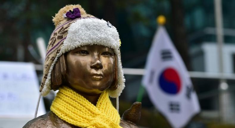 A statue of a teenage girl symbolising former comfort women who served as sex slaves for Japanese soldiers during World War II, in front of the Japanese embassy in Seoul