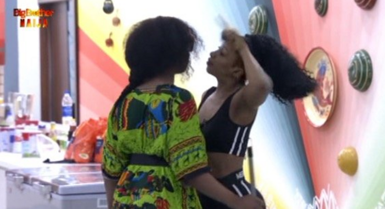 Mercy and Tacha fight dirty after early morning exercise. [Twitter/BBNaija]