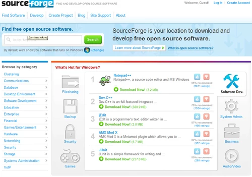 SourceForge.net - inicjatywa miała promować Open Source. W tej chwili prawo podcięło jej skrzydła