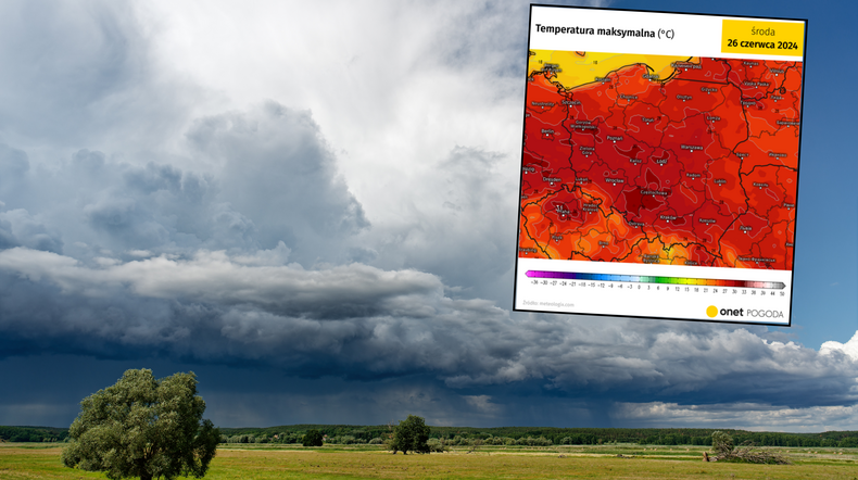 W środę do Polski wróci upał, ale będą też burze (mapa: meteologix.com)