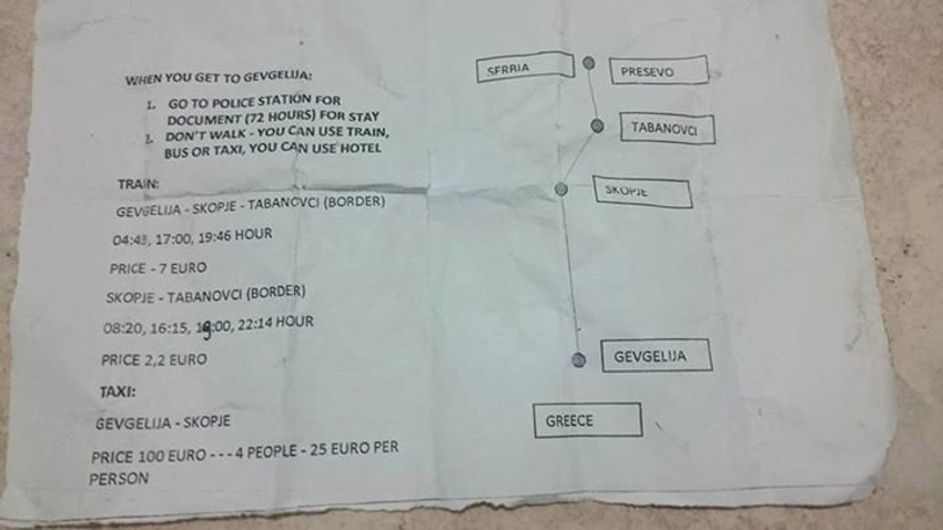 Kod velikog broja izbeglica pronađeno je i uputstvo za put do Srbije. U njemu su podaci o cenama karata od Đevđelije do Tabanovaca sa cenama karata i taksija