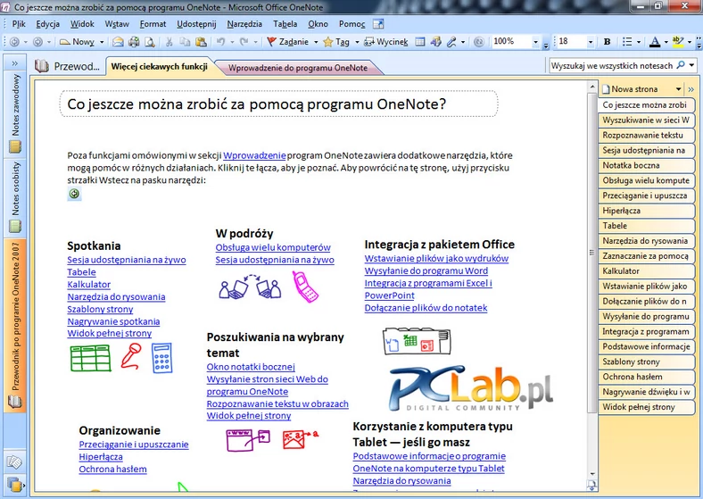 MS OneNote 2007 – okno główne (kliknij, aby powiększyć)