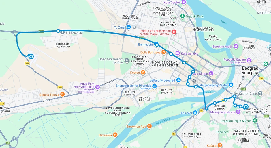 Trasa linije 600 u smeru od aerodroma Nikola Tesla