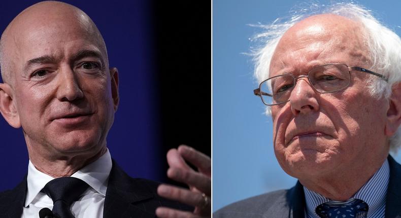 Amazon CEO Jeff Bezos and Bernie Sanders.