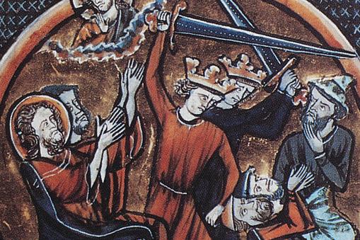 Ilustracja z Biblii francuskiej z 1250 r. Dwóch Żydów ma zostać ściętych mieczem – to zemsta za śmierć Jezusa