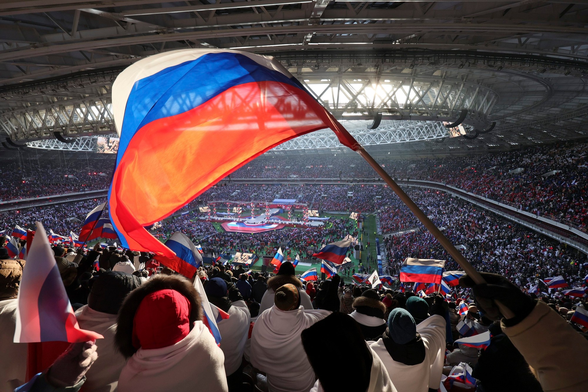 Ruský prezident Vladimir Putin počas prejavu v moskovských Lužnikách. 