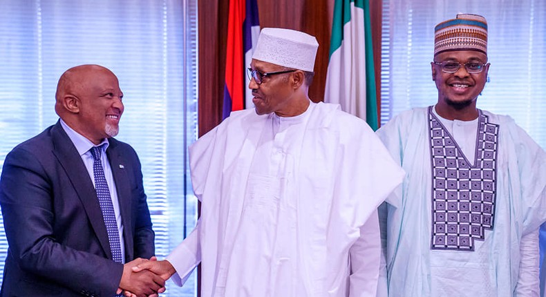 President Buhari with Chairman MTN Group Mr Mcebisi Jonas and Minister of Communications and Digital Economy Isa Pantami as he receives in audience Chairman MTN Group in State House on 28th Jan 2020