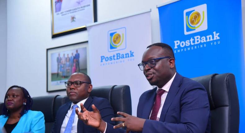 Post Bank Managing Director, Julius Kakeeto addressing a press conference on Monday April 8