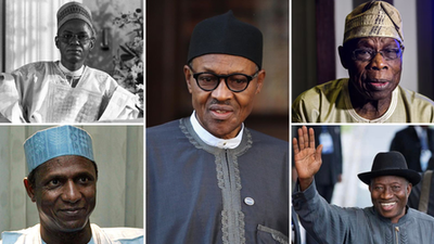 Shehu Shagari (top left), Umaru Musa Yar'Adua (bottom left), Muhammadu Buhari (middle), Olusegun Obasanjo (top right), and Goodluck Jonathan (bottom right) are Nigeria's only five elected presidents who took the oath of office, as of May 27, 2023