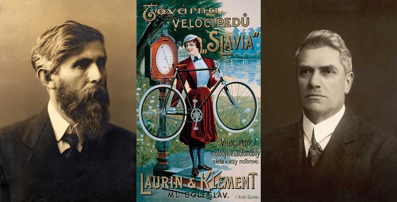 Vaclav Klement i Vaclav Laurin wraz z pierwszą reklamą rowerów Slavia