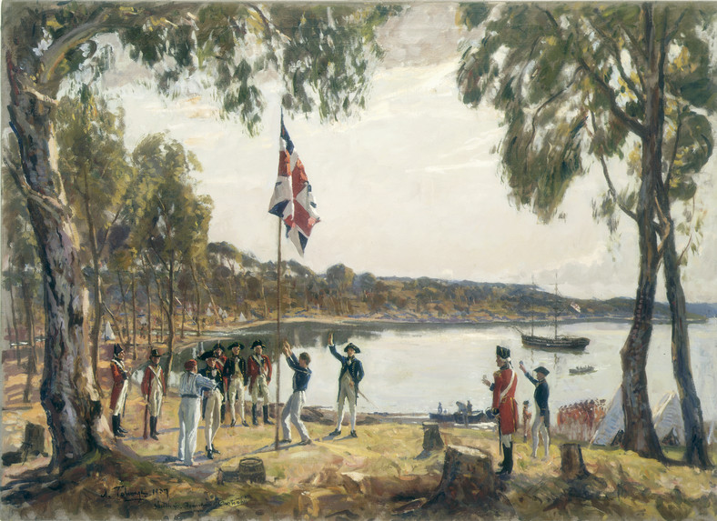 Założenie Australii przez kapitana Arthura Phillipa R.N., Sydney Cove, 26 stycznia 1788. Obraz namalowany przez Algernona Talmage'a, 1937 r.