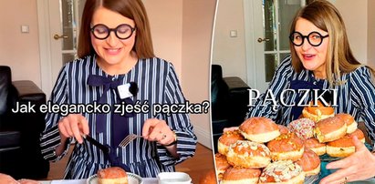 Specjalistka pokazała, jak elegancko zjeść pączka. Są dwa sposoby, ale w obu trzeba się ubrudzić