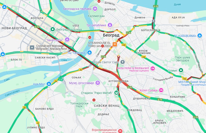 Mapa gužvi u Beogradu
