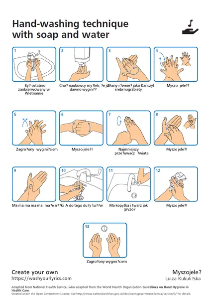 Instrukcja mycia rąk przez 20 sekund do &quot;Myszojelenia&quot; Luizy Kuklińskiej