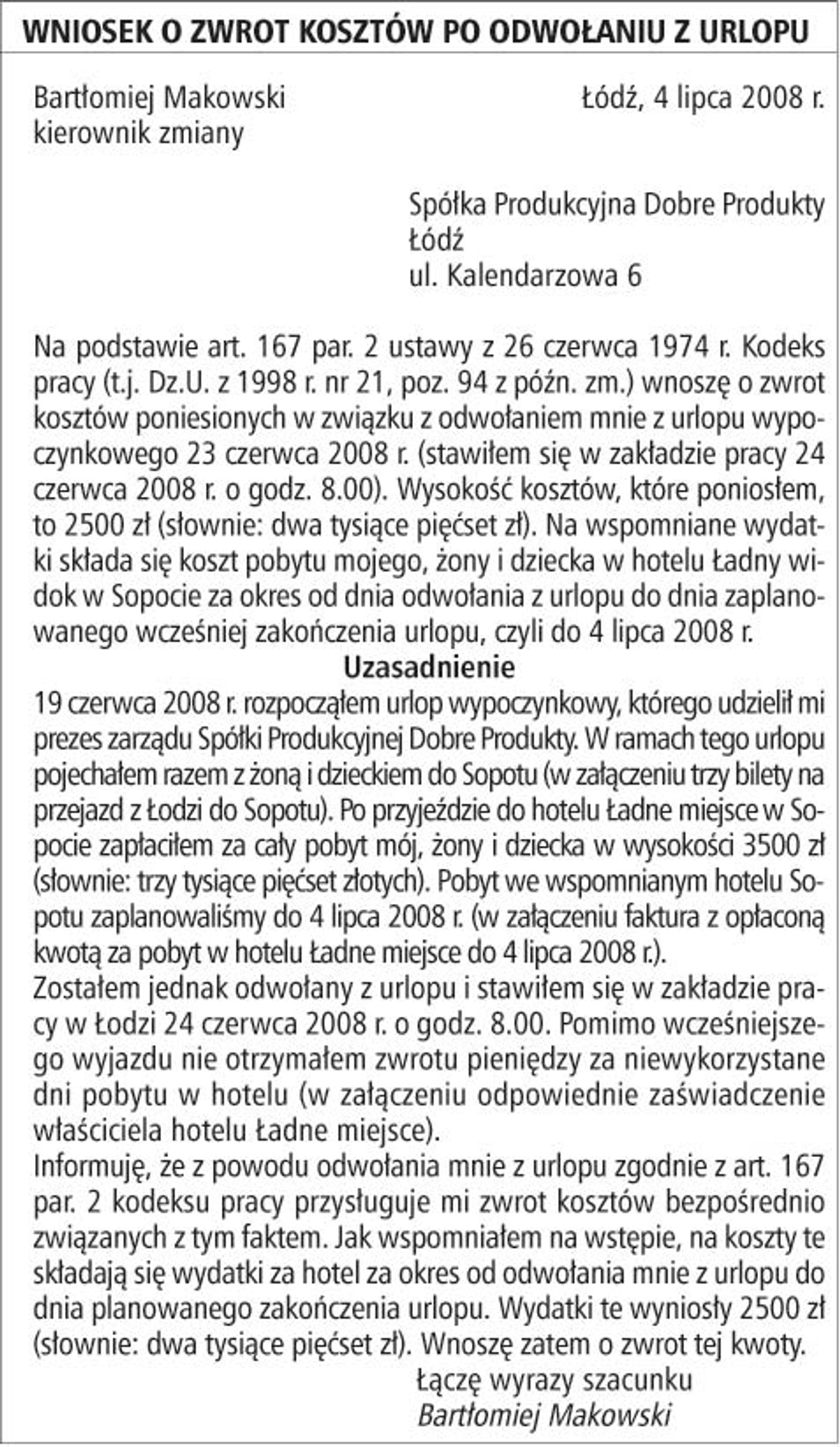 Wniosek o zwrot kosztów po odwołaniu z urlopu