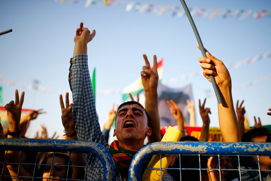 A supporter of the pro-Kurdish Peoples' Democratic Party at a gathering to celebrate the party's victory during the parliamentary election, in Diyarbakir, Turkey, on June 8.