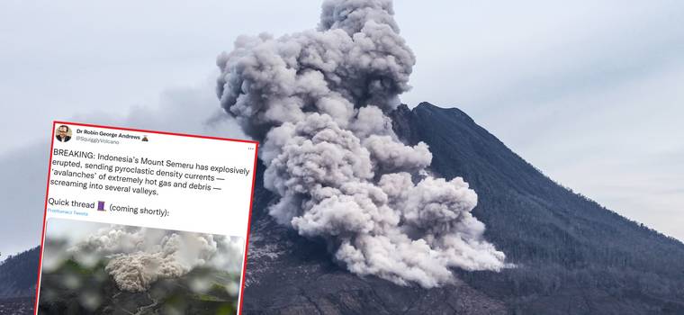 Wybuch wulkanu Semeru. Wideo pokazuje falę pyłu pędzącą 180 km na godz. "To groźne zjawisko"