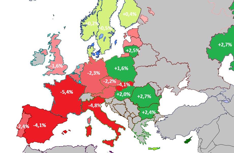 Mapa zmian PKB w I kw. 2020 w Europie