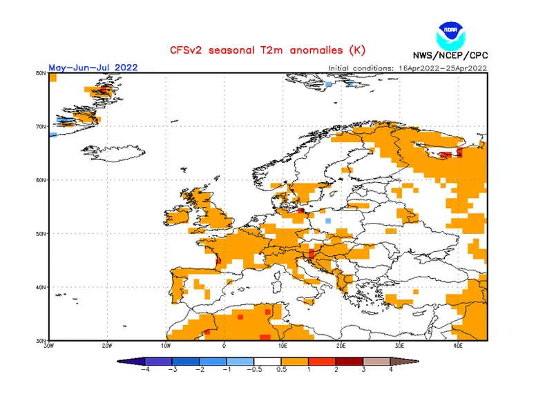 Odchylenie temperatury od normy w Europie od maja do lipca.