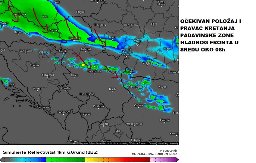 Pravac kretanja padavinske zone hladnog fronta u jutarnjim satima