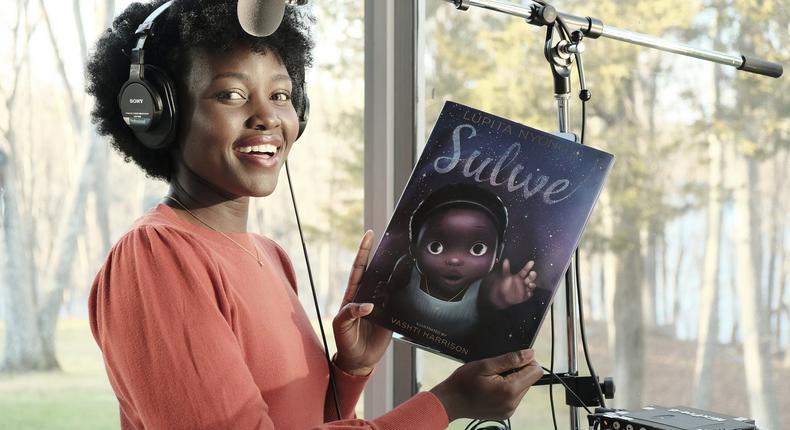 Lupita Nyong'O recording the audiobook for 'Sulwe' [Popsugar]