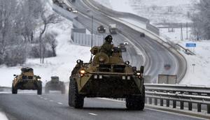 A convoy of Russian armored vehicles on a highway in Crimea, January 18, 2022.
