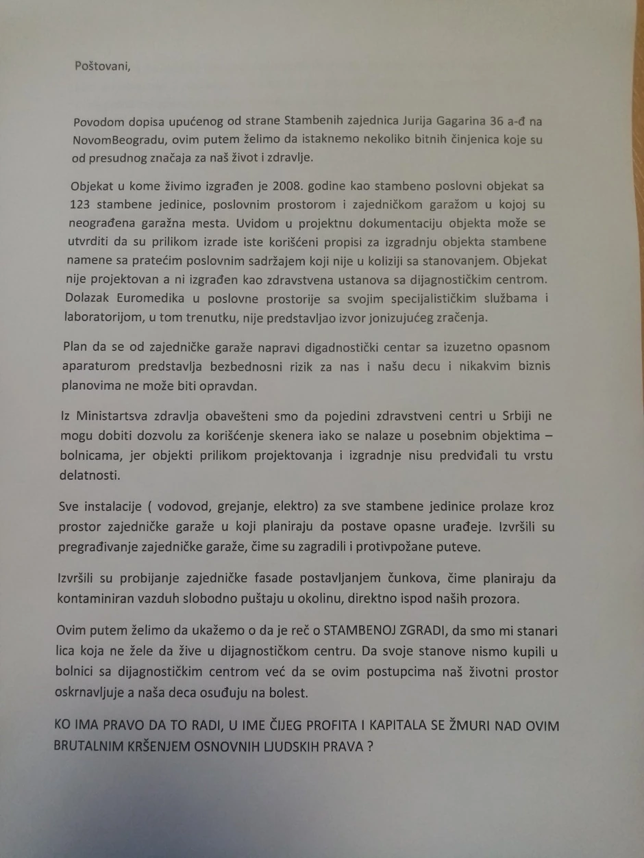 Dopis Direkciji za zaštitu od jonizujućih zračenja