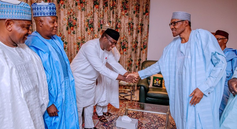 7 APC governors meet with president Muhammadu Buhari [Twitter/@NGRPresident]