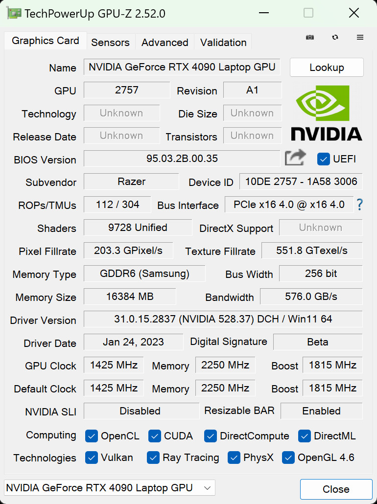 Razer Blade 16 (2023) – GPU-Z – specyfikacja układu Nvidia GeForce RTX 4090 Laptop GPU [175W]