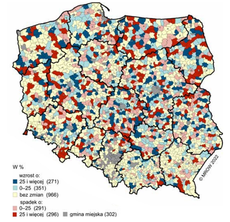 Porównanie odsetka sołectw w gminie skomunikowanych transportem publicznym w latach 2014-2022. W części gmin dostęp do komunikacji zauważalnie się pogorszył.