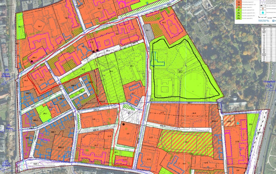 Fragment projektu miejscowego planu zagospodarowania dla Wesołej. Teren obrysowany na czerwono to teren zakupiony przez miasto od szpitala UJ. Teren obrysowany na czarno to teren pozostający częściowo w rękach szpitala, a częściowo AWF (widać obrys boiska). Ten obszar miasto chce przeznaczyć na zieleń publiczną. Zadrzewiony teren w prawym górnym rogu to Ogród Botaniczny UJ. Źródło: UMK/opracowanie własne