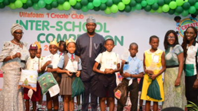 L-R: Permanent Secretary (Rtd) Ministry of the Environment and Water Resources, Lagos State , Mrs Belinda Odeneye; Korede Obadimu, State Primary School, Mangoro; Daniel Taiwo, Peaceville School; Jessica Chinaka, Kayron International School; Group Managing Director and Chief Executive Officer, Vitafoam Nigeria PLC, Taiwo Adeniyi, Ibijola Fadeyibi, Beehive School; Mukhtaar Akande, Guided Treasures Muslim Nursery and Primary School; Ndumanya Grace, Oke-Meta Memorial Primary School; Dr Temiloluwa Adeshina, Co-Founder & Lead Learning Officer, Readland Global and Mrs Eniola Afolayan, Founder, ‘I Create’ Club, during Award Ceremony for 2022/2023 Annual Inter-Schools Creative Completion in Lagos.