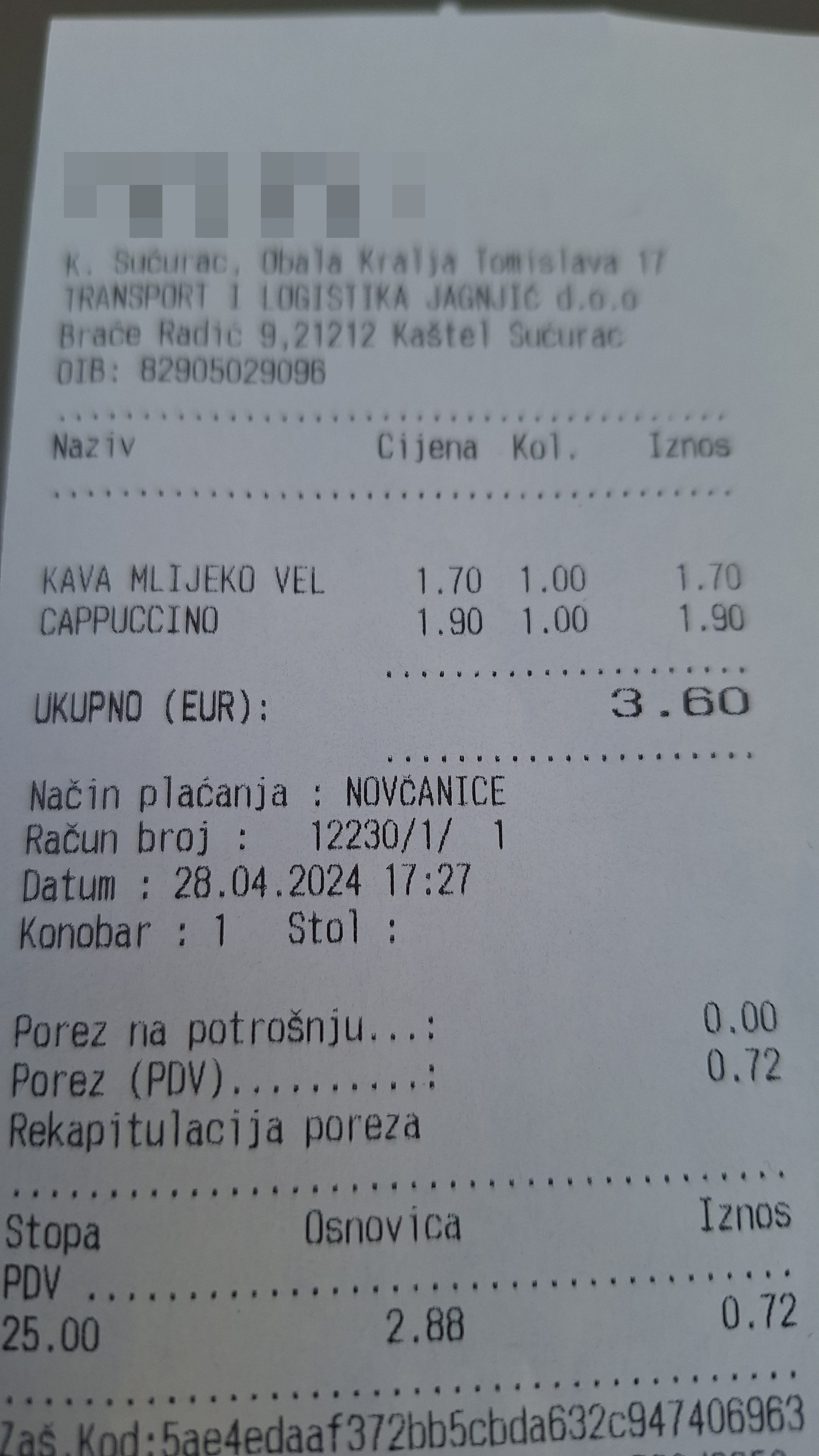 Čitateľ Miroslav poslal účtenku z chorvátskeho miesta Kaštel Sućurac.