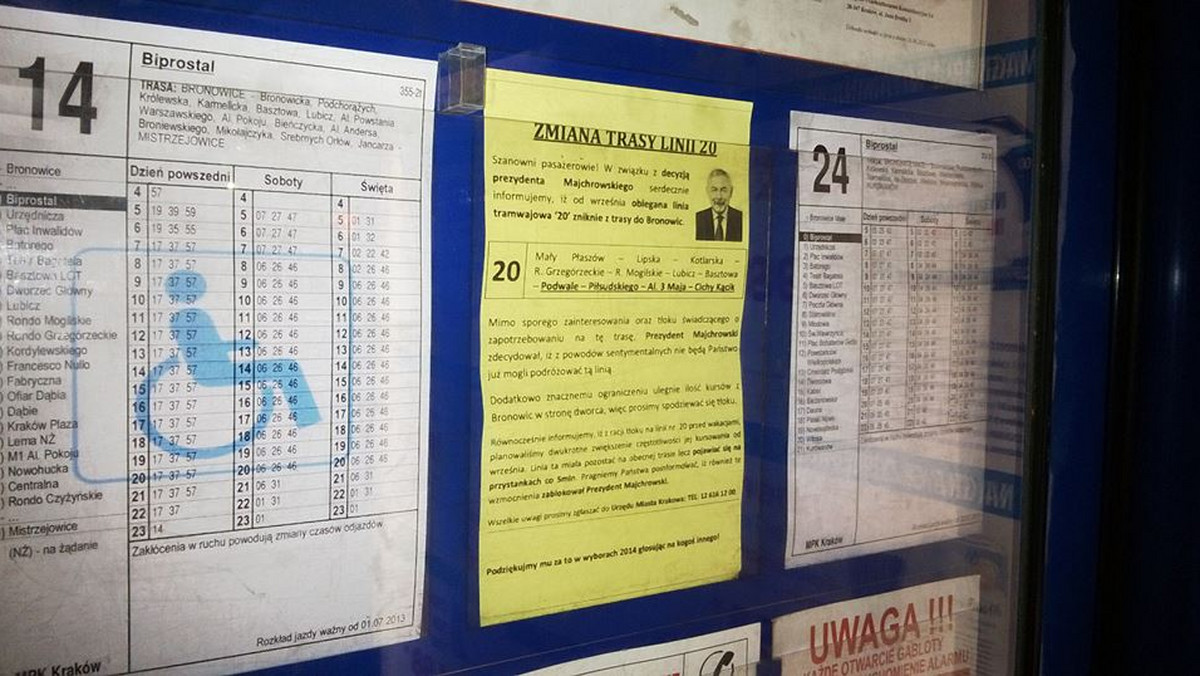 Nie milkną echa decyzji Jacka Majchrowskiego oraz dyrektora ZIKiT Jerzego Marcinko, którzy postanowili, że składy linii nr 8 pojadą do Bronowic Małych. Na przystankach dziś rano pojawiły się komunikaty, które wytykają rządzącym błędy przy reformie komunikacyjnej. Później zostały one usunięte. W sprawie wypowiedział się już prezydent Jacek Majchrowski.