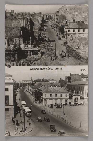 Pocztówka, Nowy Świat w 1945 i 1950 r., autor nieznany, Muzeum Warszawy