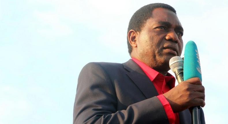 Main Zambian opposition party United Party for National Development presidential candidate Hakainde Hichilema delivers a speech during a presidential campaign rally on August 10, 2016 in Lusaka