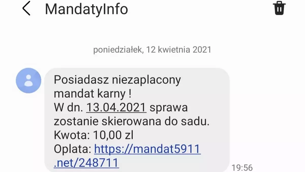 Fałszywy SMS o niezapłaconym mandacie