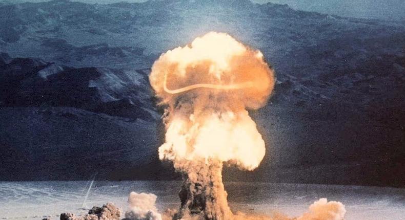 A 37-kiloton blast known as Priscilla explodes during an Operation Plumbbob nuclear test at the Nevada Test Site on June 24, 1957. The device was detonated from a balloon.
