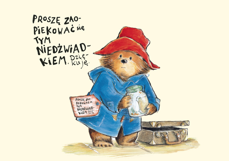 Ilustracja z plakietką "Proszę zaopiekować się tym niedźwiadkiem. Dziękuję"