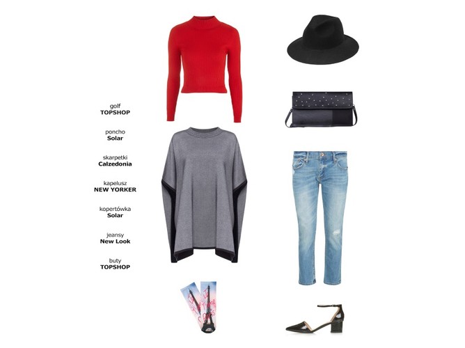 1. Golf TOPSHOP, 169,00pln   2. Poncho Solar, 299,00pln   3. Skarpetki Calzedonia,   4. Kapelusz NEW YORKER, 54,95pln   5. Kopertówka Solar, 159,00pln   6. Jeansy New Look, 99,99pln   7. Buty TOPSHOP, 299,00pln