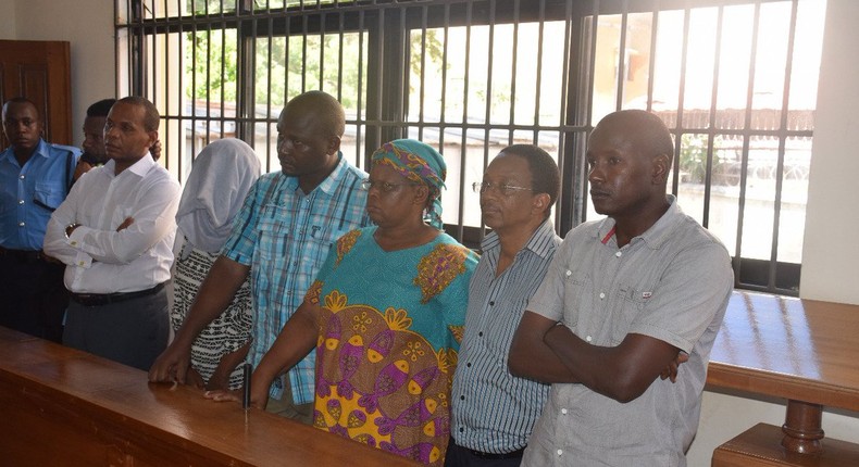 Former Garsen MP Danson Mungatana with his co-accused when they were arraigned in court on April 10, 2019 (Twitter)