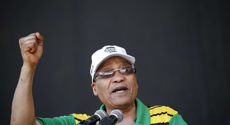 South African President Jacob Zuma addresses supporters of his ruling African National Congress (ANC), at a rally to launch the ANC's local government election manifesto in Port Elizabeth, April 16, 2016. 