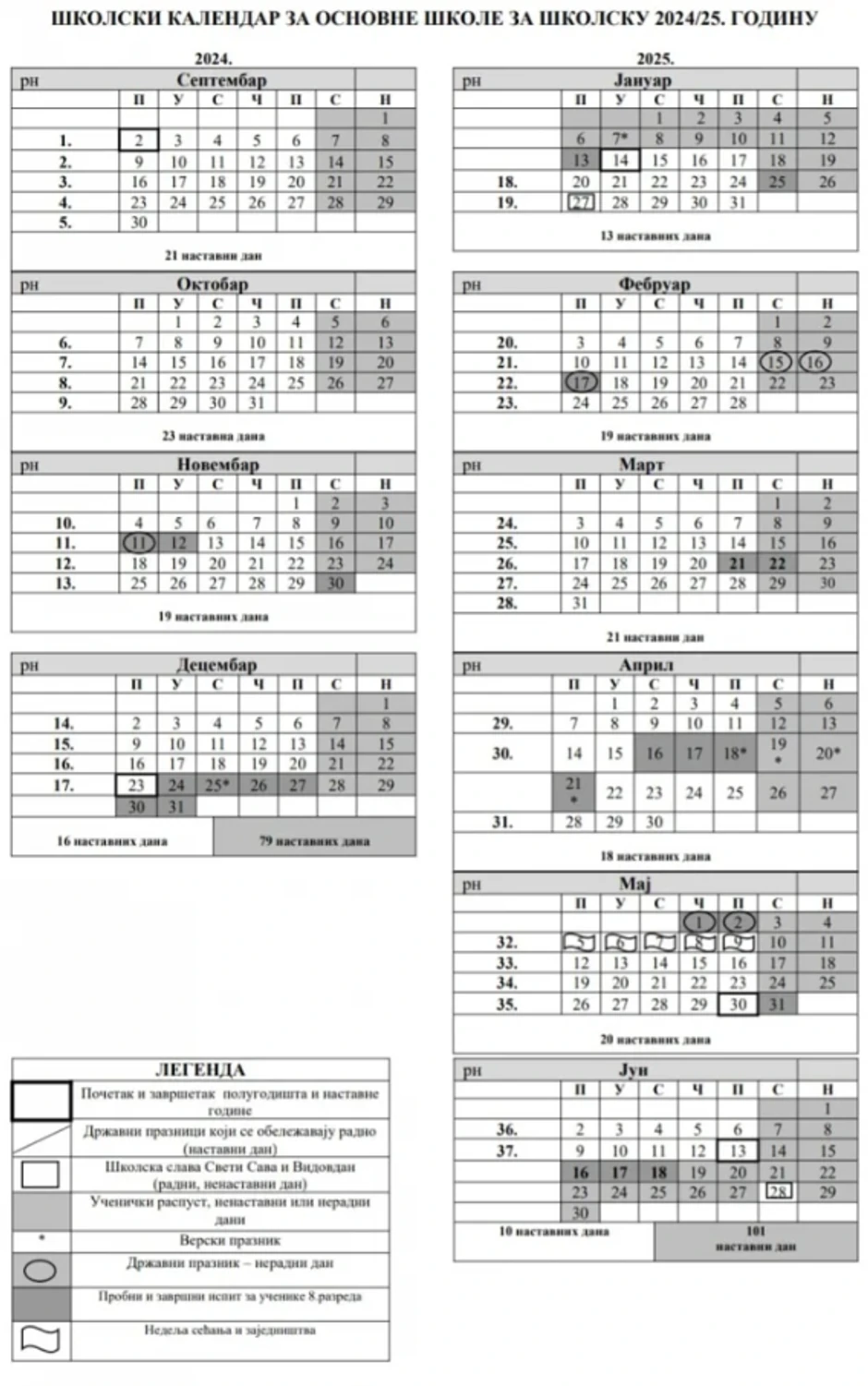 školski kalendar za osnovne škole u Vojvodini, 2024/25