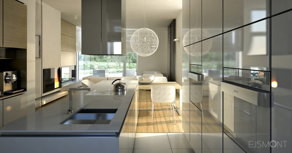 Biała kuchnia i łazienka ocieplone drewnem - projekt Ejsmont